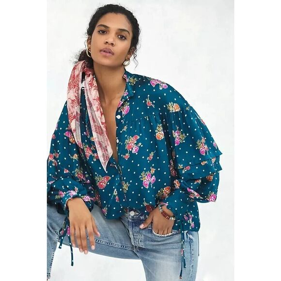 ANTHROPOLOGIE WELLESLEY BUTTON DOWN BLUE FLORAL BLOUSE TOP SIZE MEDIUM - Picture 1 of 9